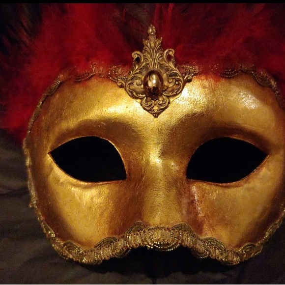 Cirque Du Soleil Hand Made Mask Red Feather Gold - Picture 2 of 3